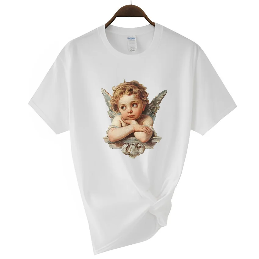 

Women Casual T-shirt Cute Angel Print Ladies High Quality Tees Retro Y2k Design 100% Cotton Female Short Sleeve T-shirts