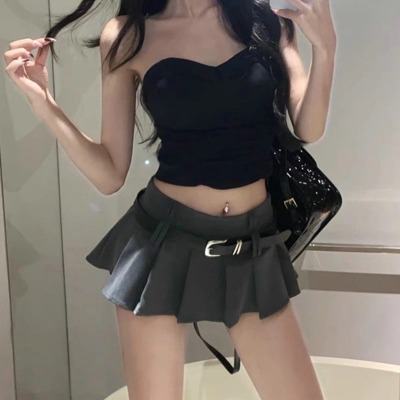 HOUZHOU Sexy Pleated Mini Skirt with Shorts Women Korean High Waist Belt Slim A-line Miniskirt Grey Black School High Street