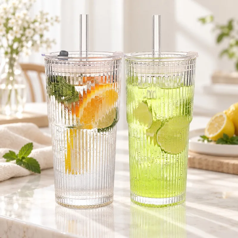 400/600ML Gestreifter Glas-Kaffeebecher Transparenter Trinkbecher mit Deckel und Strohhalm Großer Saft- und Eiskaffeebecher – Detail 3