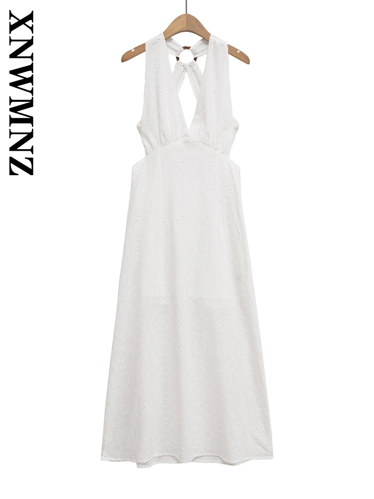 

XNWMNZ 2025 Summer Lady Fashion Sleeveless Shoulder Backless midi Dress Sexy Simple Women Clothing wide shoulder strap Dresses