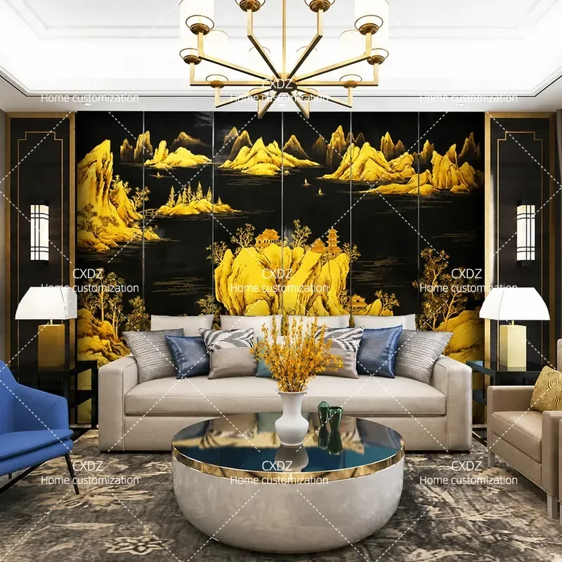 New Chinese Style Living Room Gold Foil Landscape Hand Painted Folding Partition Screen for Hotel Clubhouse Office Entrance