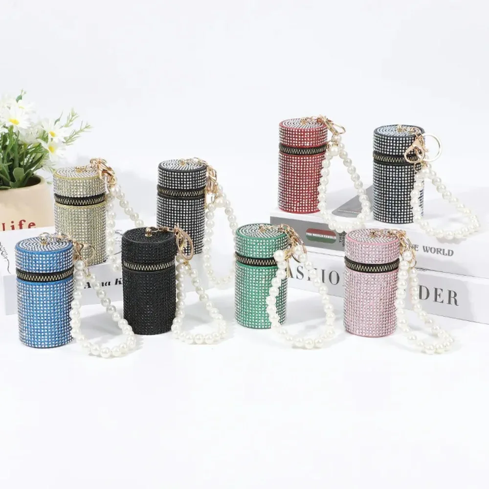 Simple Rhinestone Lipstick Bag Zipper Cylindrical Coin Purse with Keychain Mini Coin Bag