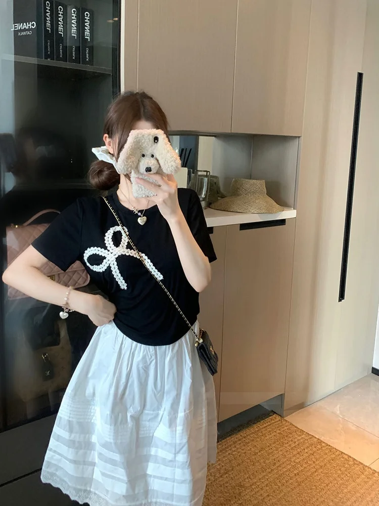 

Summer New Fashion Women's Knot round Neck Short Sleeve T-shirt And High Waist Skirt Set Casual Style Spring Wear