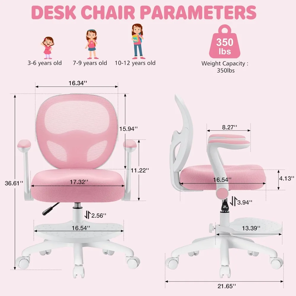 Kids Desk Chair Ergonomic Study Chair with Flipped Armrest and Footrest Adjustable Height Swivel Kids Computer Chair