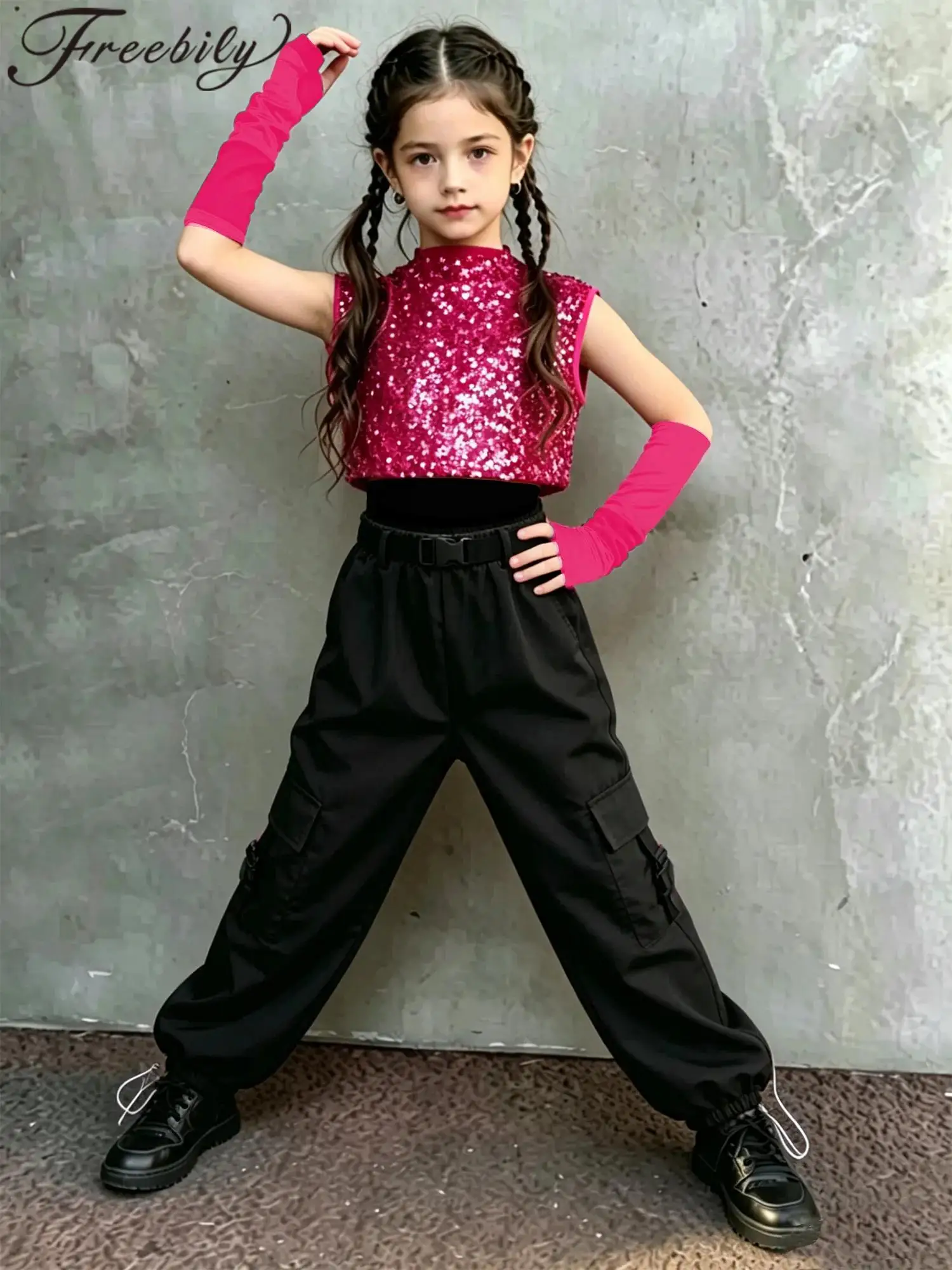 Kids Hip Hop Outfit Button Crotch Bodysuit with Cargo Pants Clothes Fashion Rave Streetwear Girls Jazz Dance Disco Costume