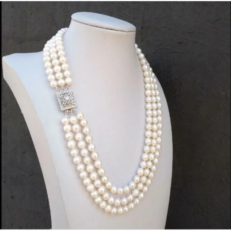 Triple Strands AAA 7-8mm Genuine South Sea White Women's Pearl Necklace 18 