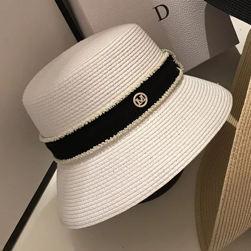 New Summer Straw Sun Hats for Women Ladies Fashion Flat Brim Ribbon Beach Hat Travel Cap Chapeau Femme Bucket Hat