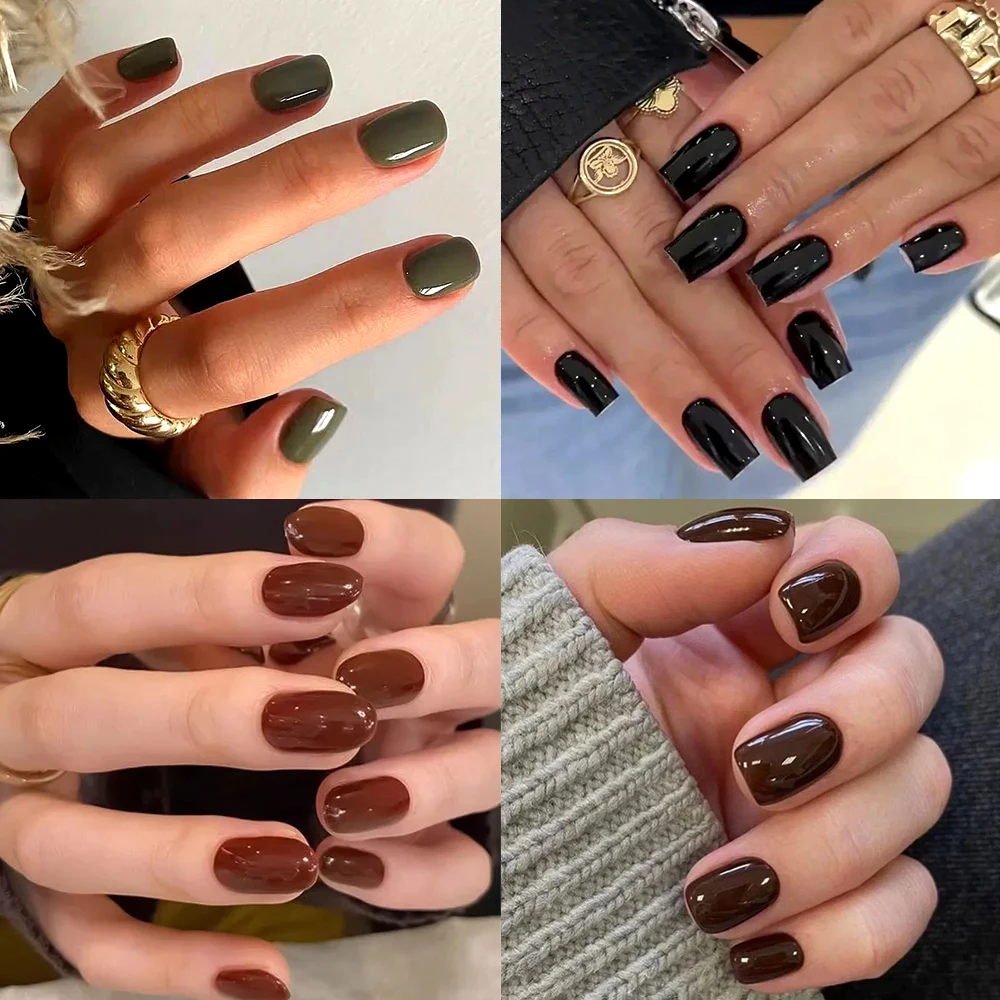 Faux Ongles Classiques Solides avec Colle pour Manucure, 24 Pièces, Rouge, Marron, Vert, Bleu, Poignées Amovibles Finies