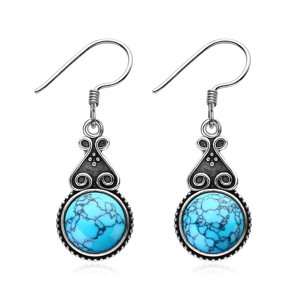 S925 Silver Drop Earring 10MM Round Turquoise Pendant Earrings Vintage Style Engagement Wedding Women Earrings 5