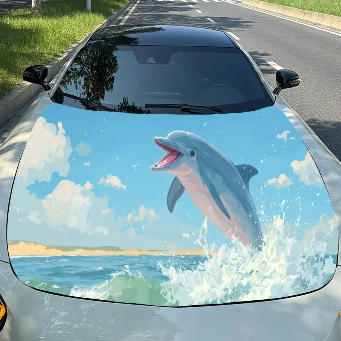 

Wave Dolphin Sea Car Hood Sticker PVC Self Waterproof Stick, Striking Auto Exterior Accessories Decor Protect Gift for Car Lover