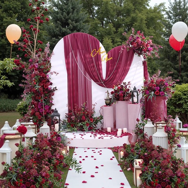 A8898 Burgundy Red Rose Green Leaf Hang Flower Row Decor Wedding Backdrop Arch Table Centerpiece Ball Event Aisle Floor Floral Props