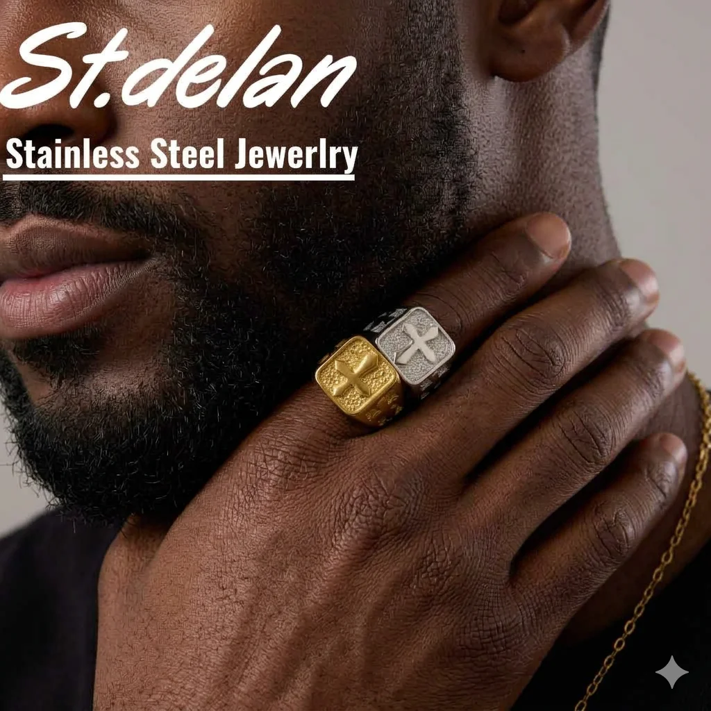 St.delan Vintage Cross Ring for Men Stainless Steel Religious Amulet Jewelry Father's Day Thanksgiving Gifts