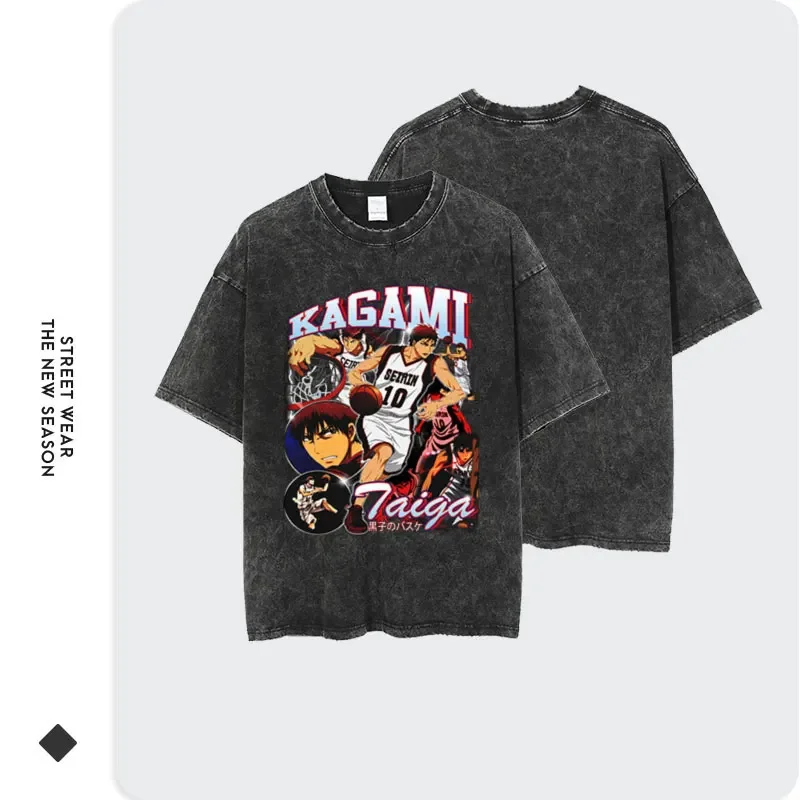 Kagami Taiga T-shirts Oversized Vintage Washed Anime Kurokos Basketball T Shirt Streetwear Short Sleeve Manga Tops Tees Men