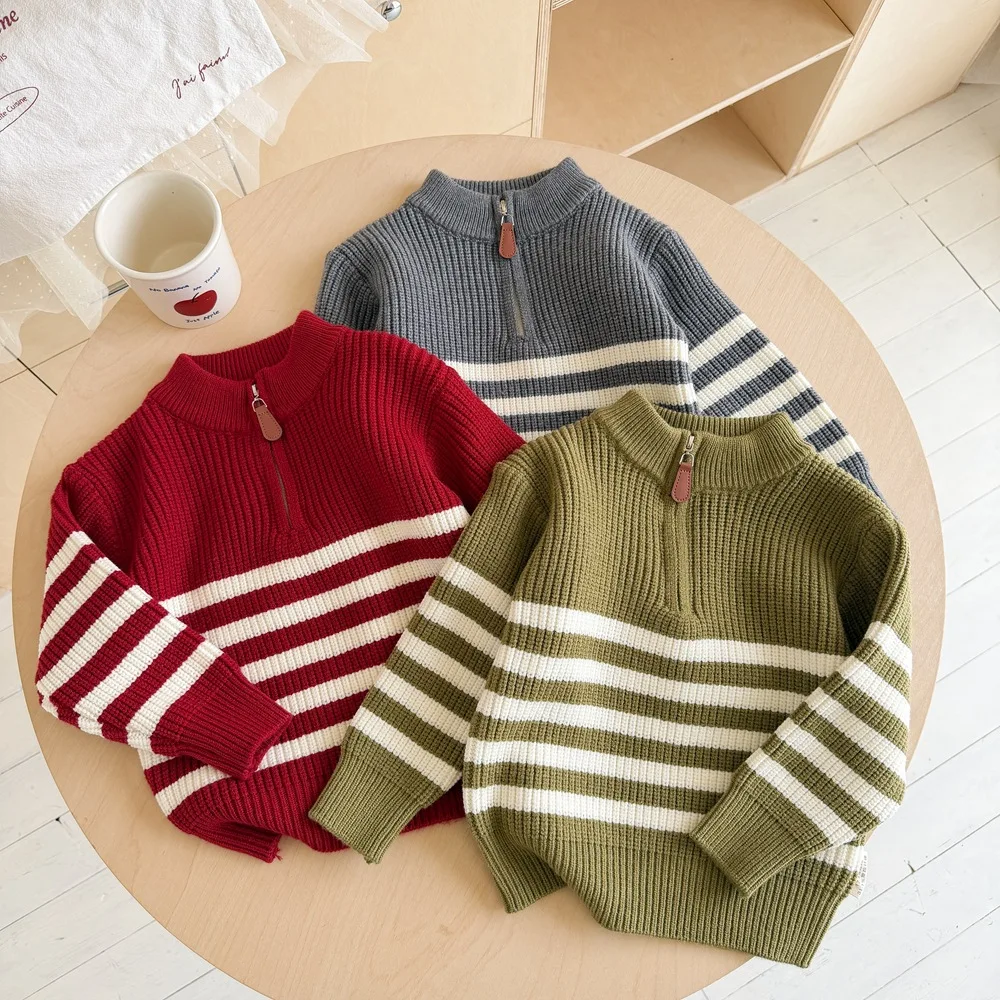 Practical Half-zip Mock Neck Boys Sweaters Stylish Retro-inspired Knit Pullovers for Children Student Everyday Wear Tops JY10043