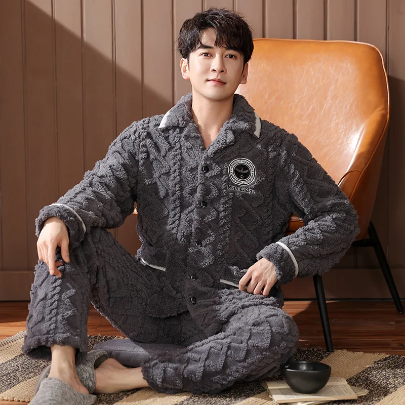 Men Pajamas Set Winter Thick Warm Flannel Pyjama Big Size M-4XL Male Long Sleeve Turn-down Collar Sleepwear