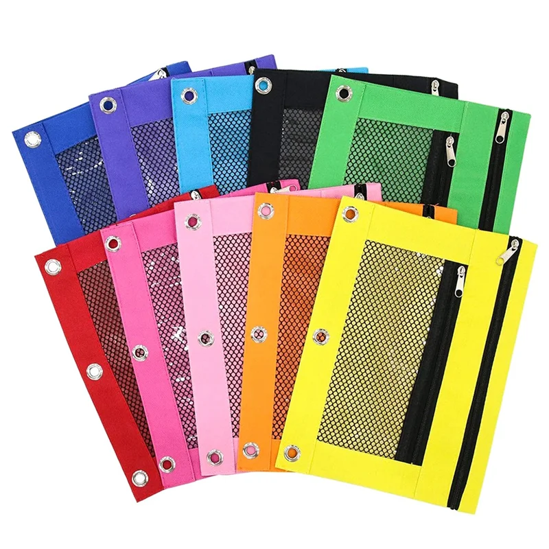 10Pcs Pencil Pouch for 3 Ring Binder-Zipper Pencil Pouches, Pencil Case with Double Pocket and Mesh Window, Pencil Bags