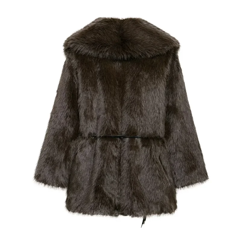 Women's Belt Decoration Collar Solid Color Medium Long Fur Coat Women's Autumn/Winter New Long Sleeve Loose Jacket Coat