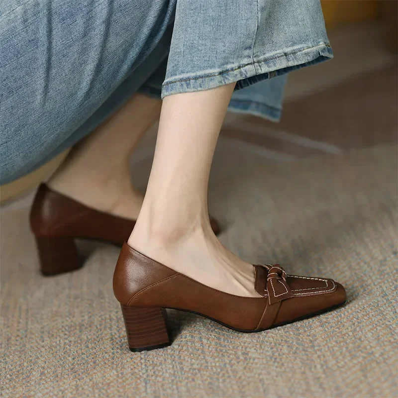 Women Retro Bowknot High Heels Korean Autumn Fashion Elegant Square Toe Stiletto Chunky Heels Pumps Party Dress Casual Shoes