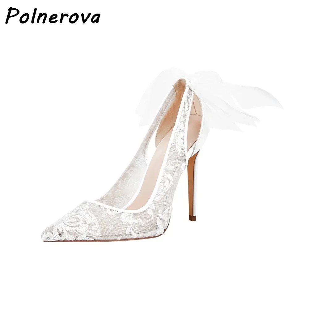 تنفس الانحناء الزفاف مضخات الدانتيل الأبيض فراشة عقدة جوفاء رقيقة الكعوب أحذية أنيقة 2025 المرأة فستان صيفي أنيق الأحذية #2