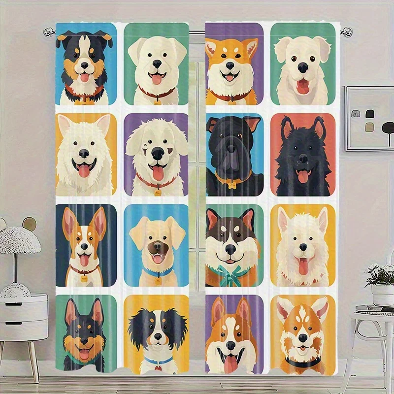 Cartoon Dog Curtain, Colorful Puppy Print Drapes, Corgi Husky Pattern Window Curtains Kids Room Living Room Decor Multiple Sizes