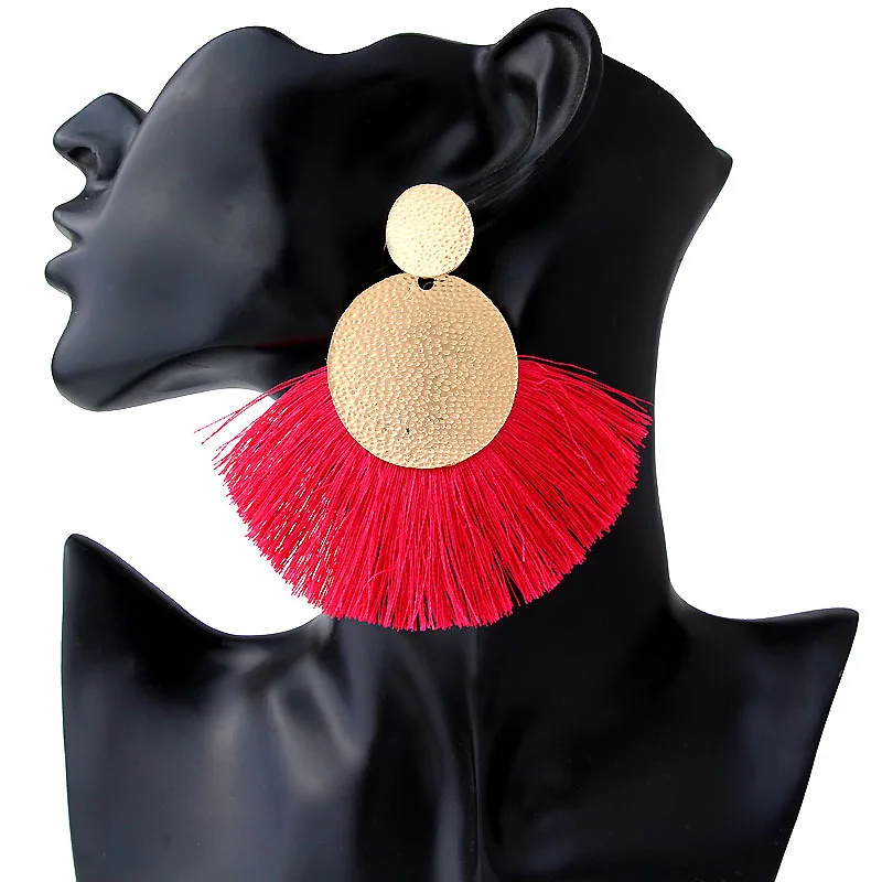 البوهيمي القطاع شرابة انخفاض الأقراط الكبيرة للنساء الذهبي المعادن جولة غير المستوية الصفائح المعدنية استرخى أقراط خمر مجوهرات الحفلات #3