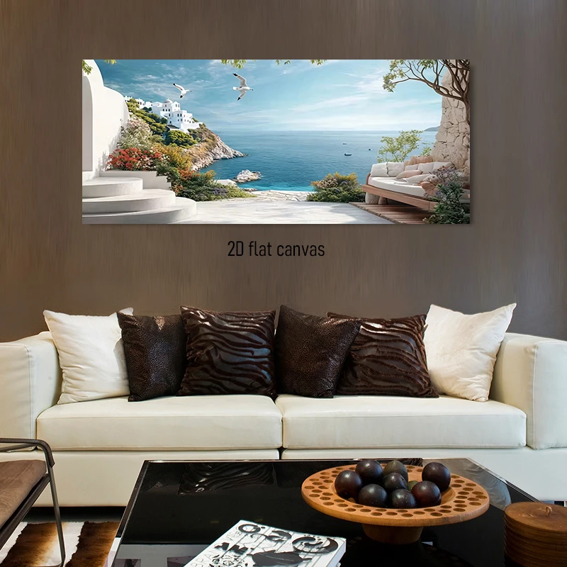 1 pièce, paysage marin de style méditerranéen, bâtiment blanc à Santorin, Grèce, peinture sans cadre, plat 2D