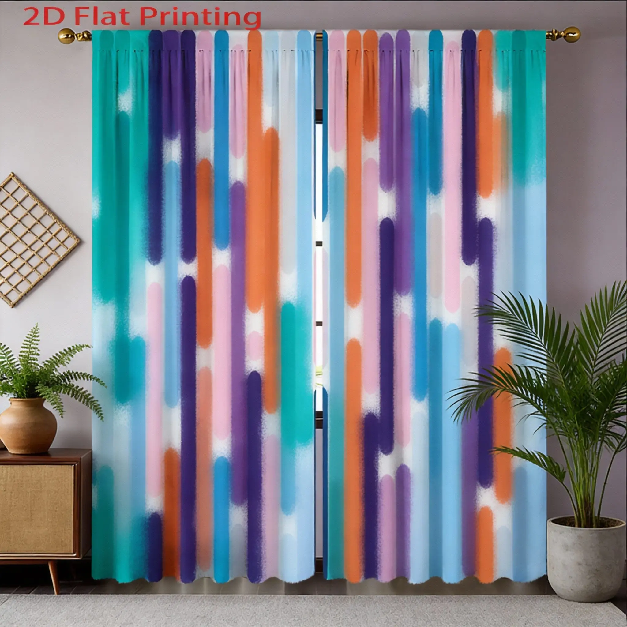 Modern Geometric Curtains 2pcs – Bold Vertical Stripes in Pastel & Bright Tones, Contemporary Window Decor for Home