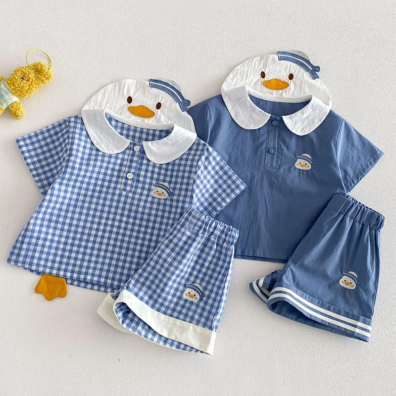 MILANCEL New Summer Kids Shirts 9M-4T Fashion Thin Grid Girls T-shirt Loose Cartoon Duck Children Clothes Boys Short Sleeve