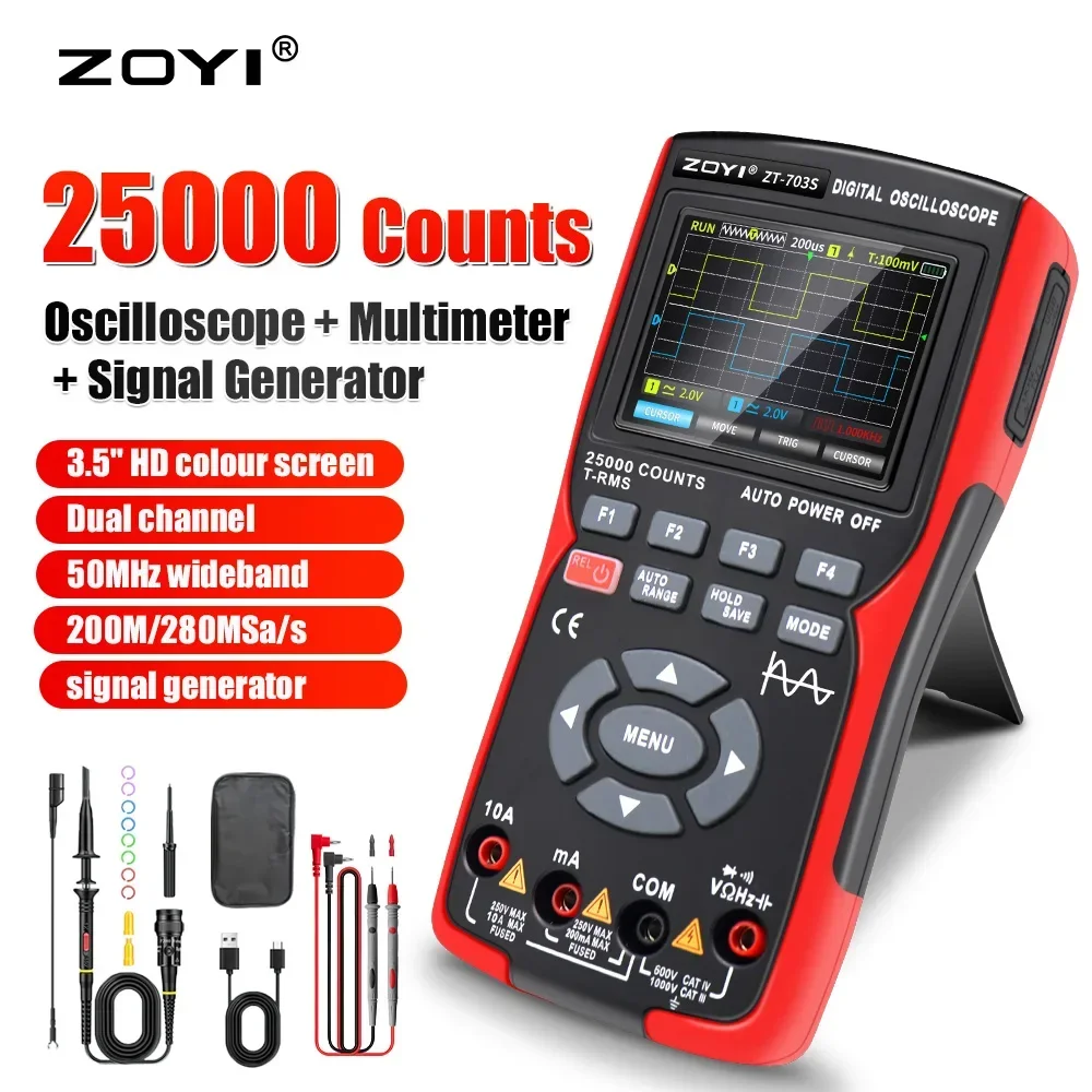 ZOYI ZT703S 3in1 Digital Multimeter 50MHz Bandwidth 280MS Rate PC Waveform Data Storage Dual Oscilloscope Signal Generator