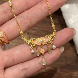 Vintage exquisite palace style colorful peony flower jewelry sets tassel light luxury pink enamel ring High quality Necklace