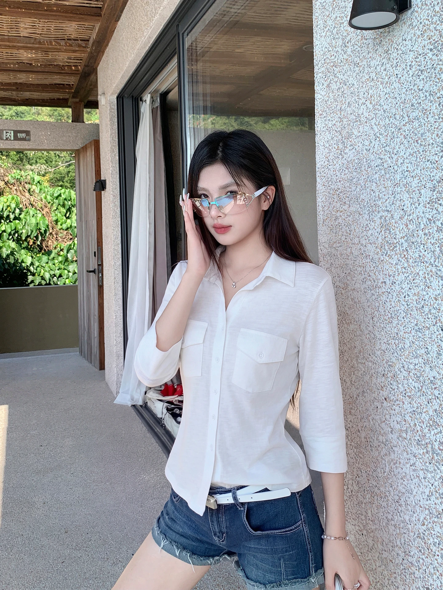 

Chic Sweet And Spicy Girl Style Shirt Women's Summer New Waist-Cinching Unique Commute Shirt Nine-Quarter Sleeve Turn-down Co...