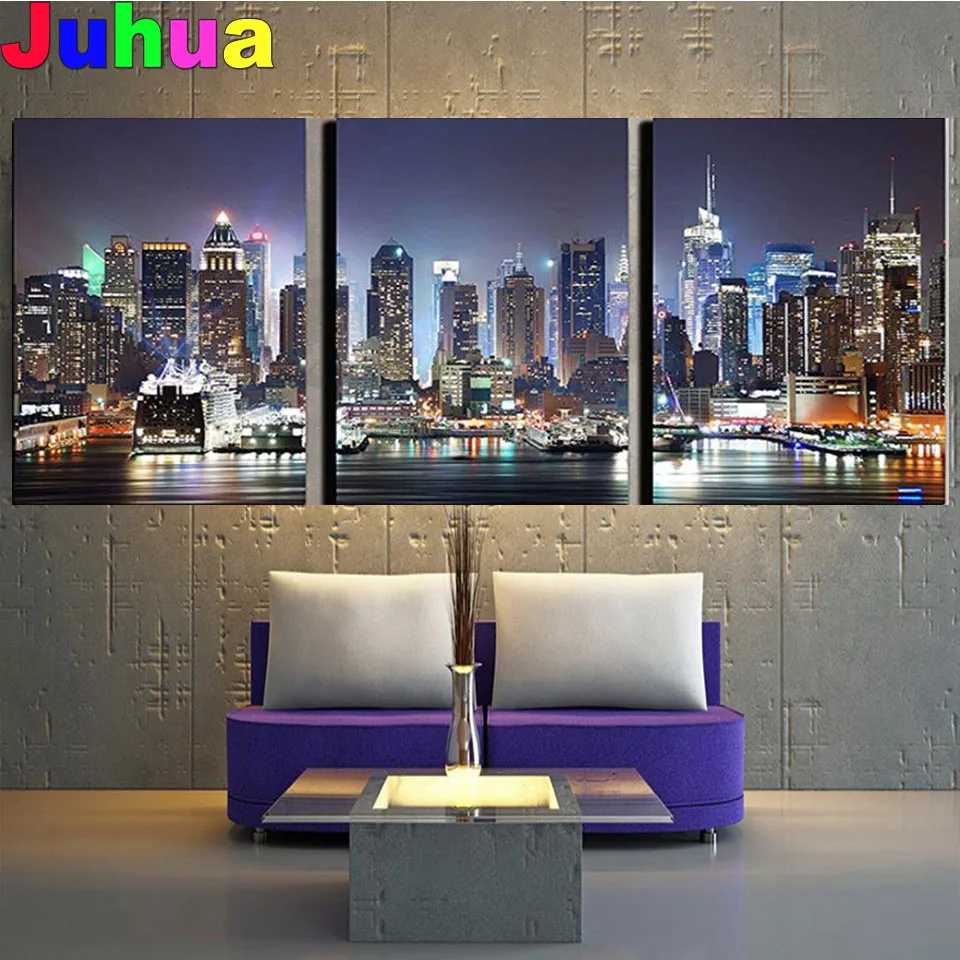 New York city night Diamond Painting Cross Stitch Full Square round drill 5D DIY Diamond embroidery Rhinestone Mosaic Triptych