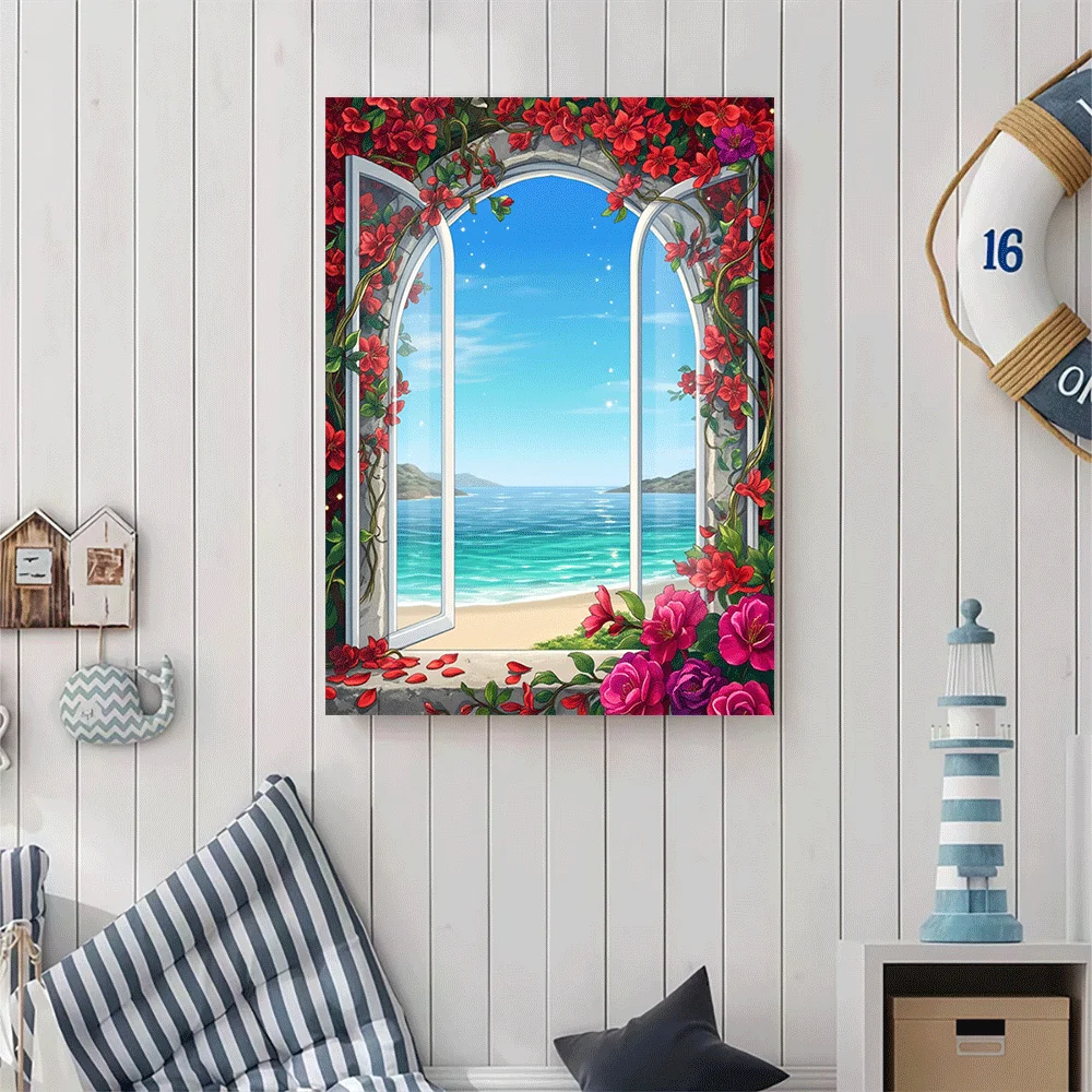 1PC-Canvas poster Unframed  Floral Window Beach View Ocean Landscape Art Print  summer