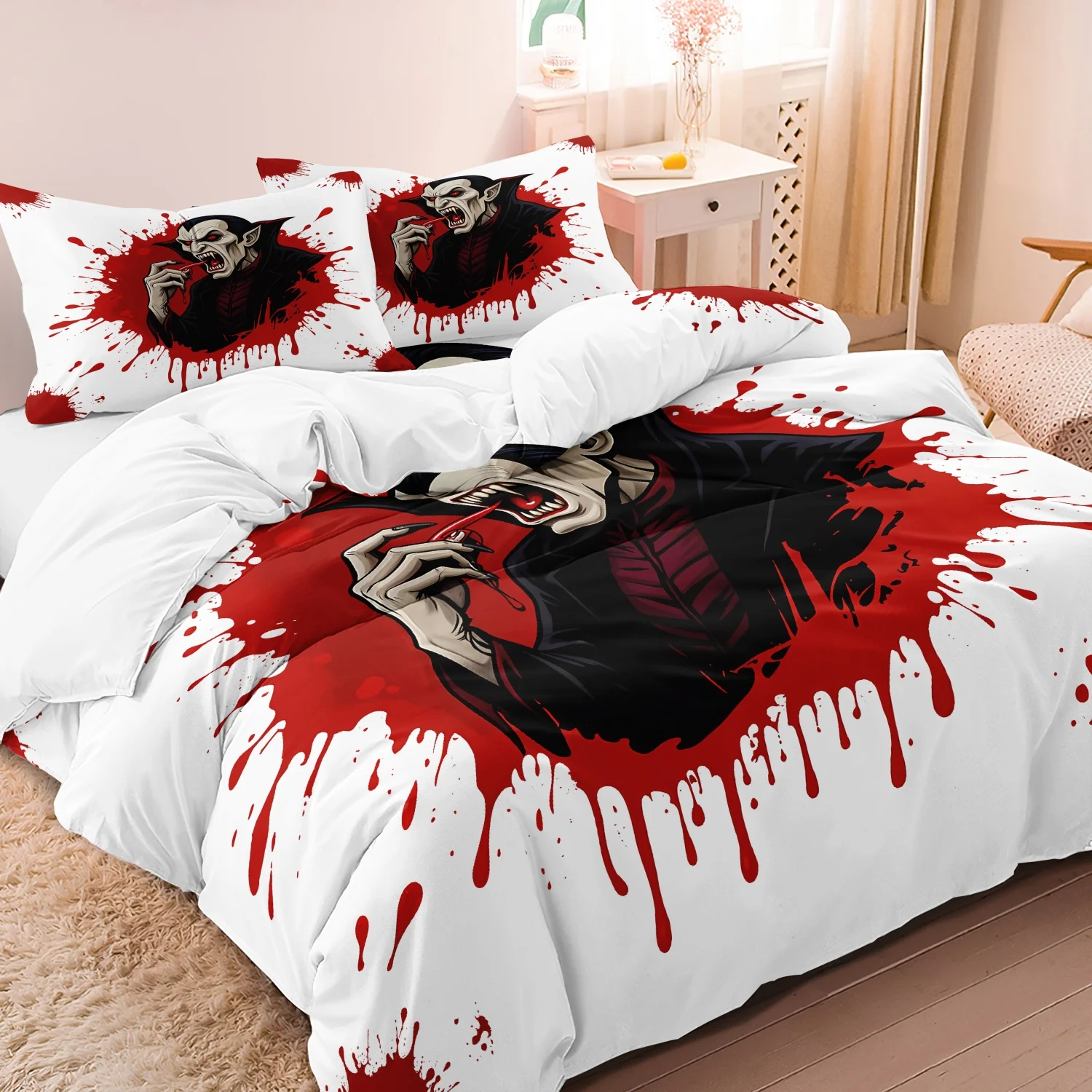 3 Pieces Horror Vampire Print Duvet Cover Set, Red Blood Splatter Gothic Dracula Printed Bedding, Multiple Sizes Available