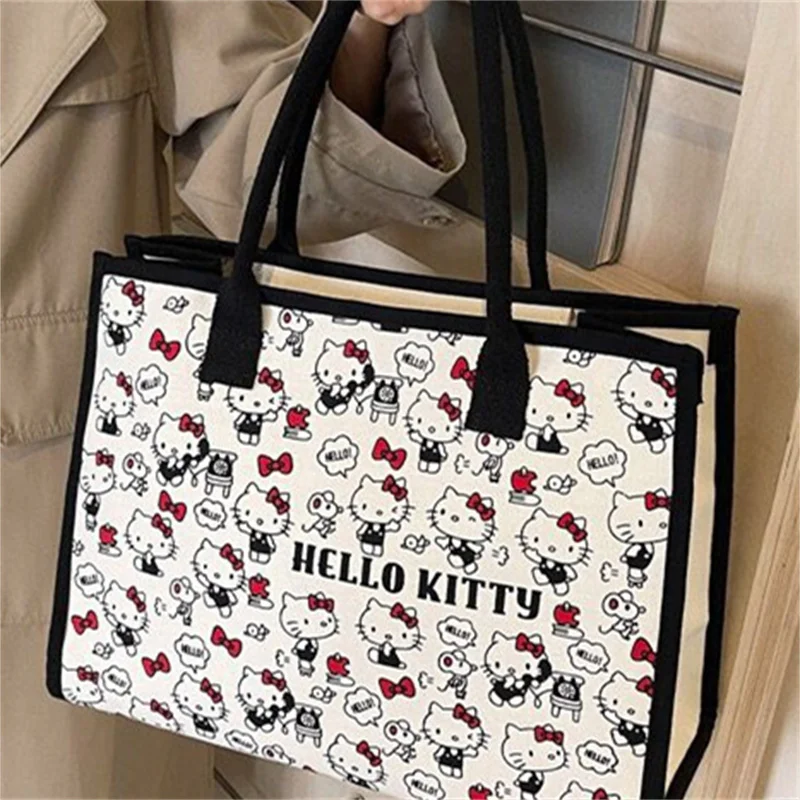 Hello Kitty All Match Retro Canvas Bag Women Commuter Shoulder Handbag Girl Student Large Capacity Cartoon Schoolbag