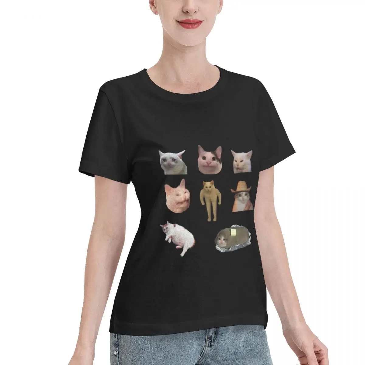 Durable Wear Cat Meme Sticker Bundle Women's T-shirt Casual Street Home Casual Tee