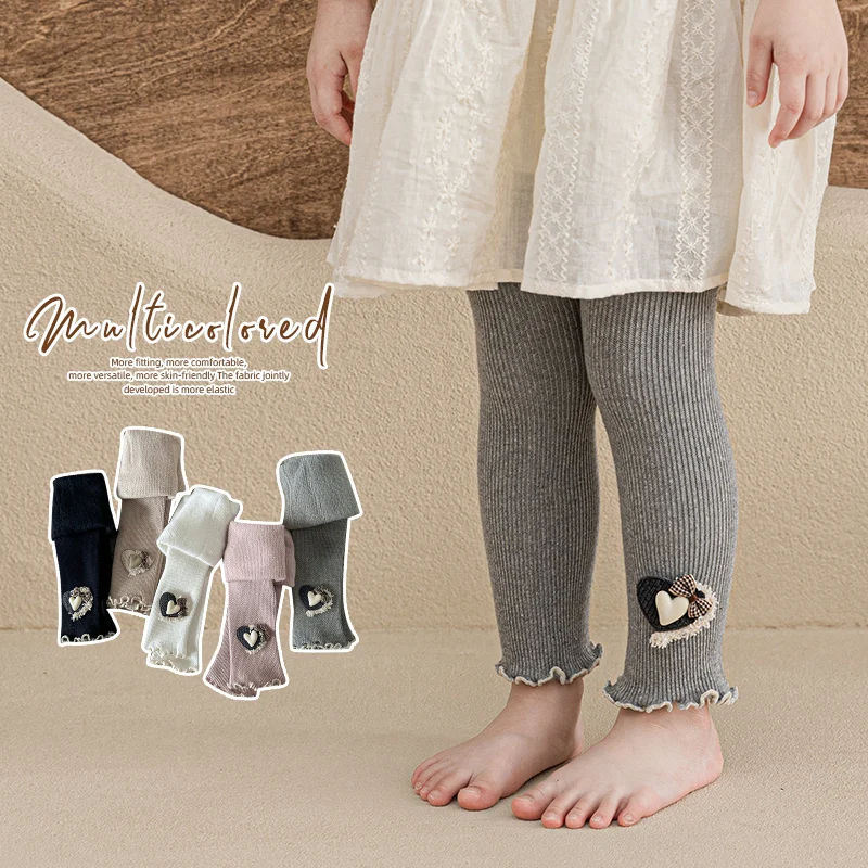 Kawaii طفل الفتيات الشتاء أفخم غرامة شريط الجوارب كشكش هيم فحص القلب القوس طماق القطن لطيف طالب الاطفال اقتصاص السراويل