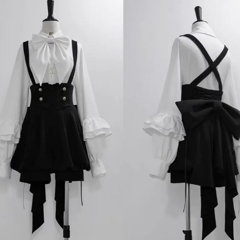 2026 صيف جديد قطعتين مجموعات خمر أنيقة التلبيب الرقبة طويلة الأكمام لوليتا قميص المرأة + Y2k عالية الخصر القوس حزام السراويل