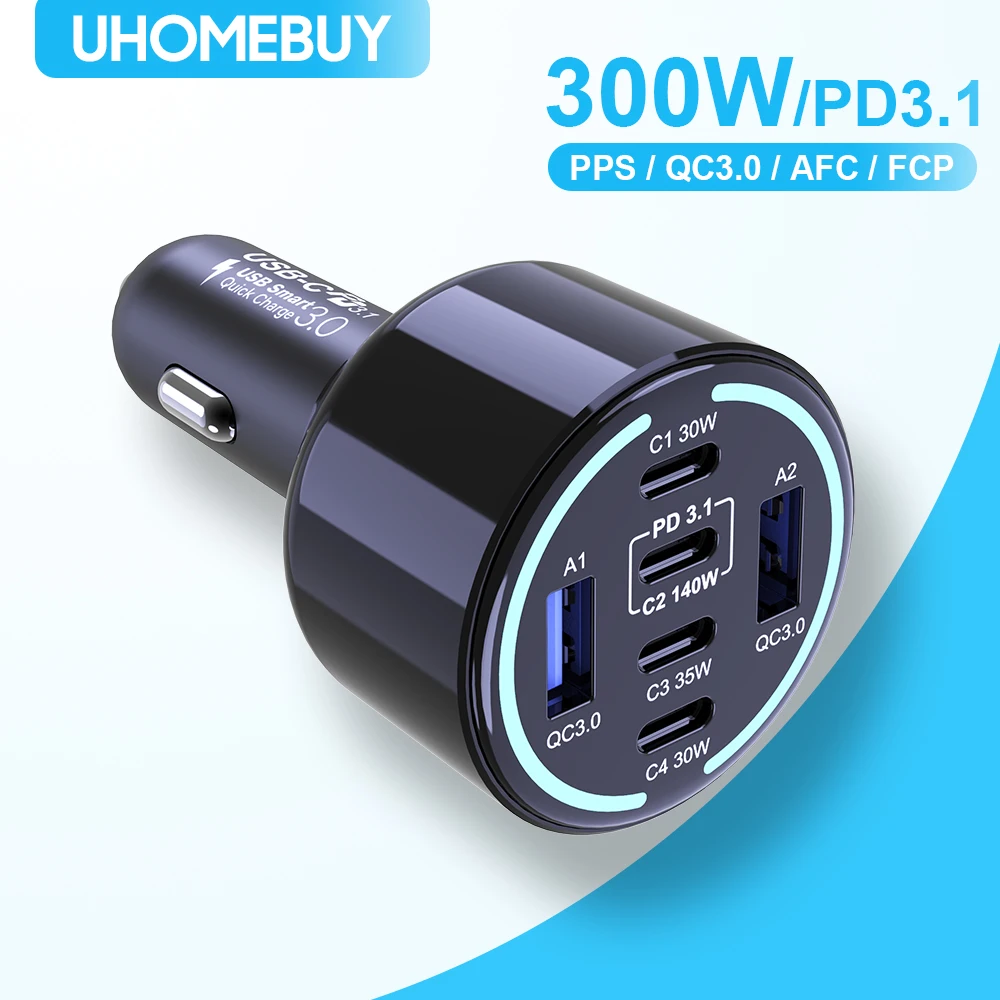300W Car Charger 6-Ports USB C Fast Charging PD3.1 140W Super Fast Car Charger for iPhone 16 Laptop Samsung S25 MacBook Pro iPad