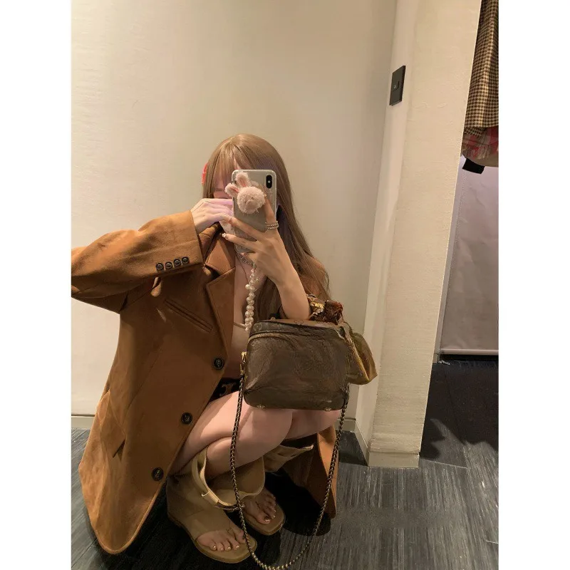 South Korea Style Texturous Suit Niche Brown Retro Suit Jacket Women's Spring and Autumn 2024 Fashion Elegant New Style