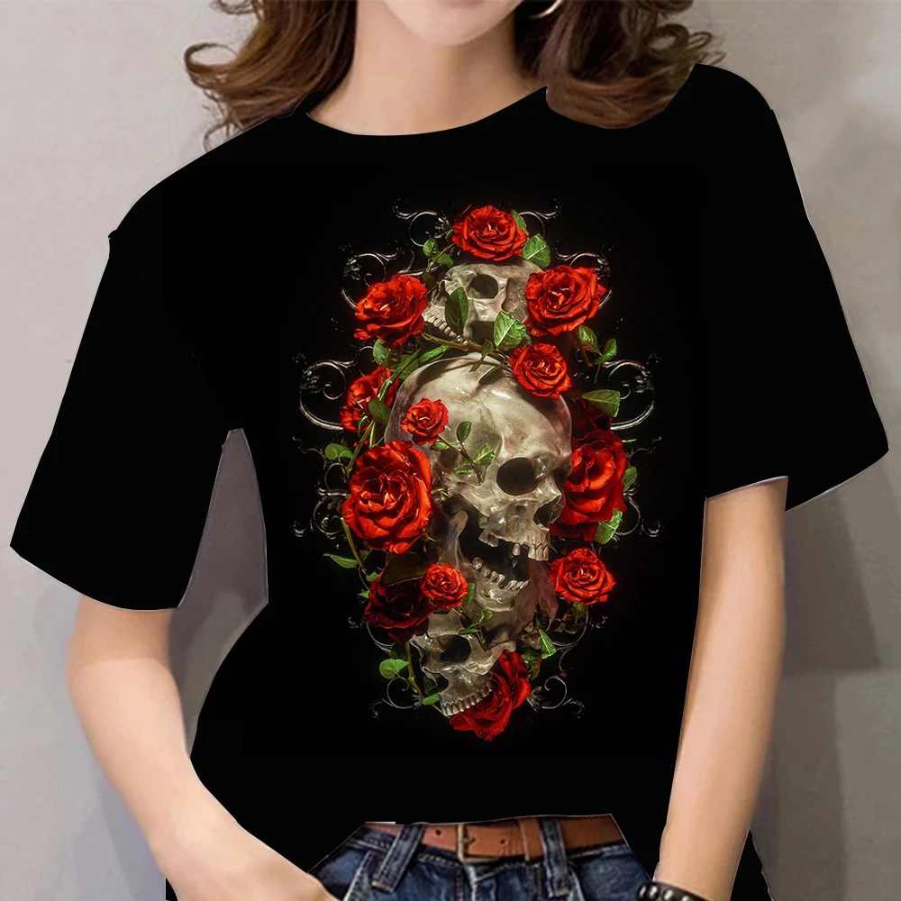 Women\'s Skull 3D Printed Retro T-Shirt Fashion Street Hip Hop Style Crew Neck Top Summer Punk Summer Oversized Short Sleeve T-Sh