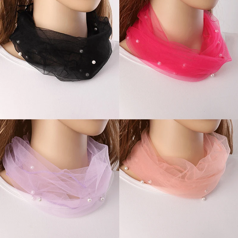 Bufanda de cuello de perlas de malla para mujer, bufanda de cuentas de encaje transparente, cubierta de cuello con volantes, diadema de babero, accesorios de ropa de protección solar