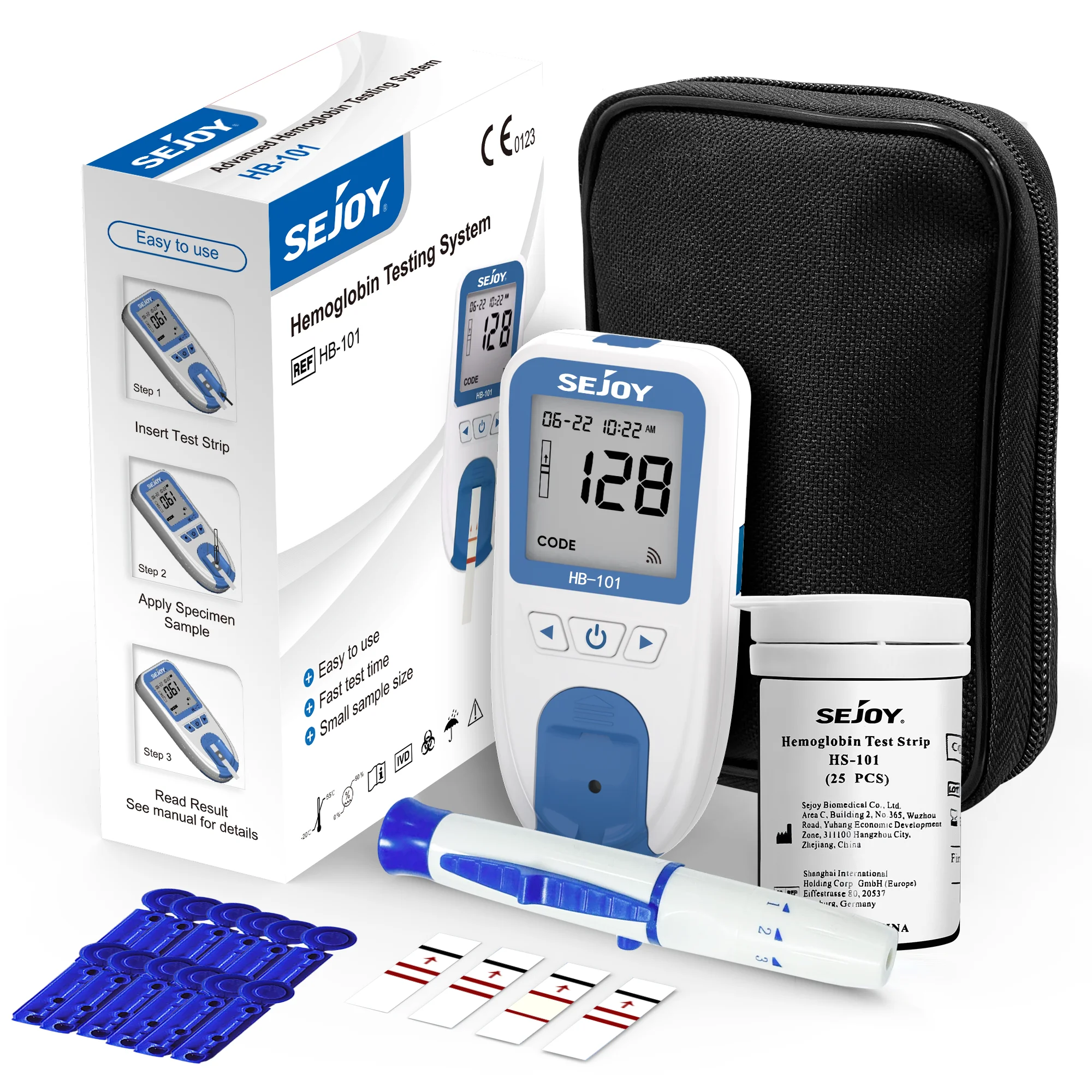 SEJOY Medizinisches Hämoglobinmessgerät, tragbares Hämoglobin-Analysegerät-Set für HB und HCT, mit 25 Teststreifen, Lanzetten, tragbarem Fingerprik-Messgerät für die Gesundheitsüberwachung zu Hause.