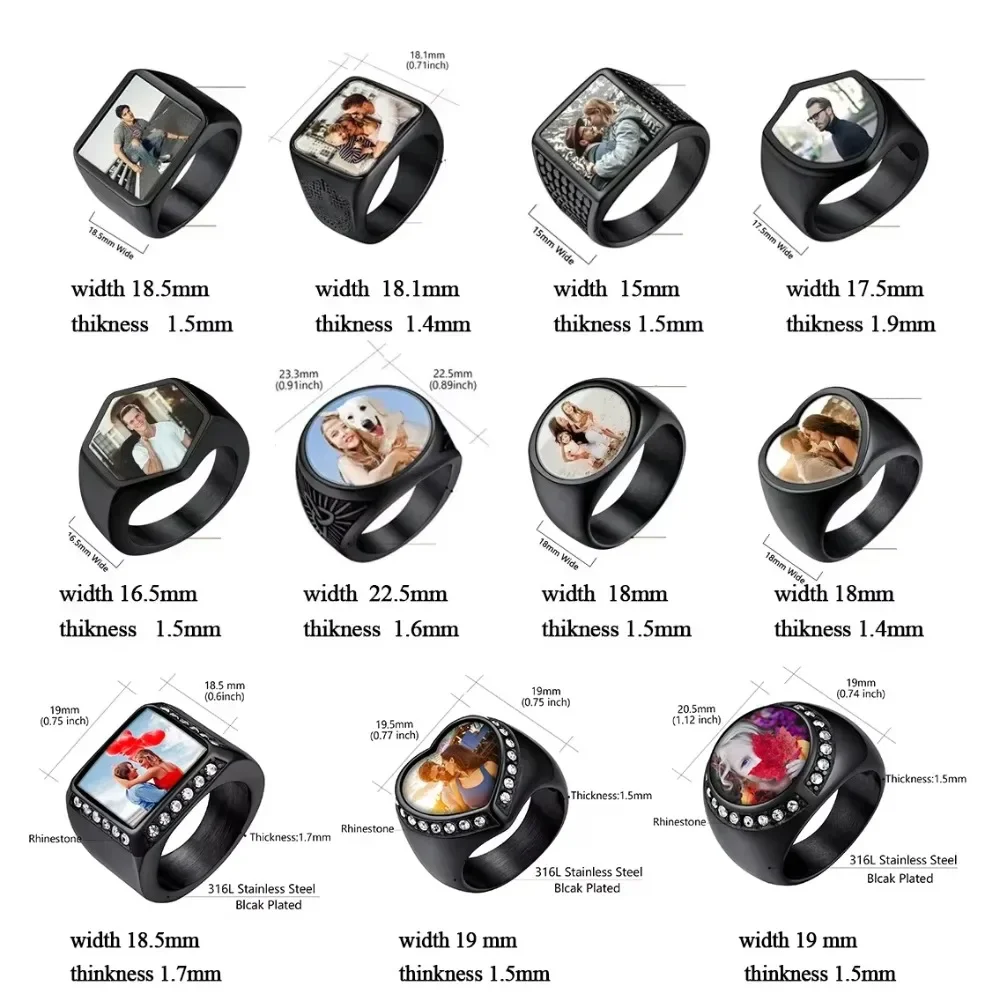 U7 Custom Photo Signet Ring for Men Woman Stainless Steel Logo Symbol Image Family Photo Square Round Heart Personalized Jewelry