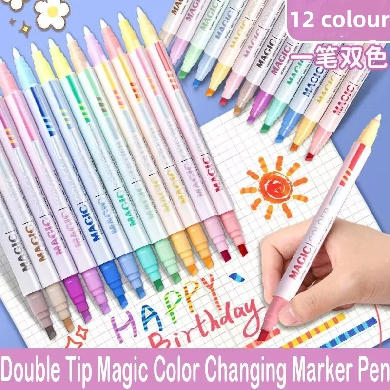 Magic Color-changing Marker Pen 12 Colors Girls Hand Painted Note Discoloration Pen Double-headed Highlighter korean stationery