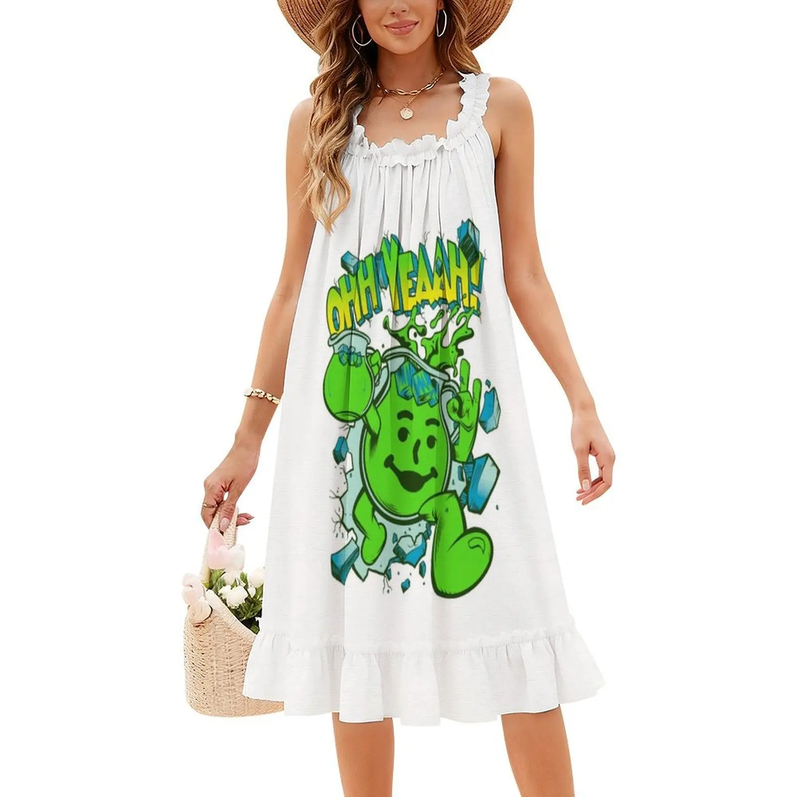 كول أيد مان أوه نعم! فستان Kool Aid Man Lime Bohemian بدون أكمام للنساء مطبوع عليه فساتين حفلات الشاطئ Kool Aid Man Ohh Yes #4