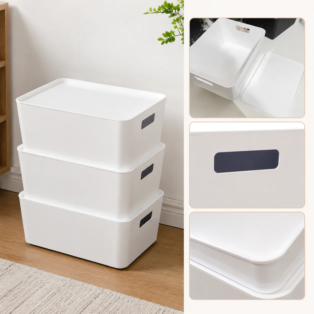 Stackable White Plastic Storage Bins with Removable Lids and Built-In Cutout Side Handles, Smooth Rounded Corner Dustproof Organizer Boxes for Bedroom Closets, Kitchen Cabinets and Bathroom Vanities - view 4