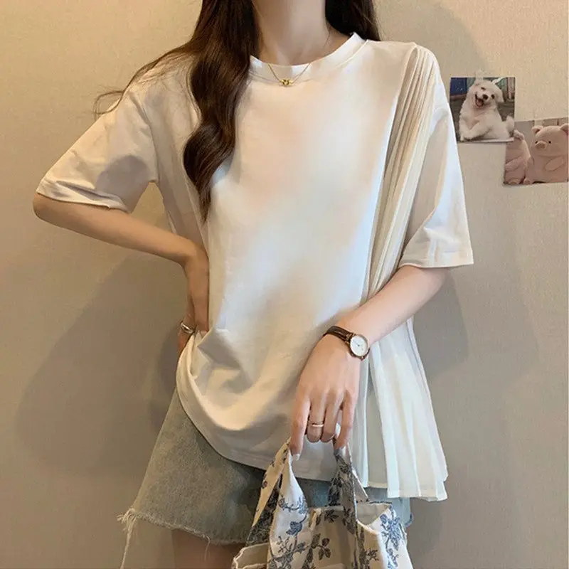 Korean Large Size Summer Women Contrasting Colors Pleats Chiffon Patchwork Short Sleeve Round Neck Loose Office Lady T-shirt