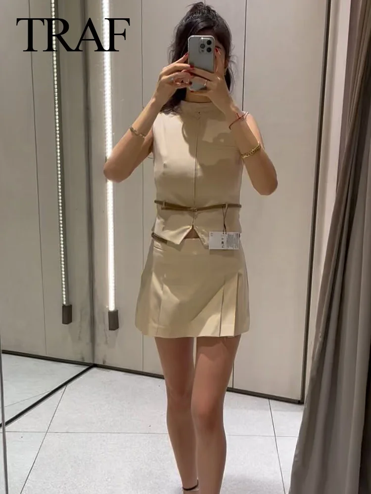 TRAF 2024 Woman Elegant 2 Piece Set Vintage Solid Chic Belt Sleeveless Vest + Female Slim Zipper Mini Wide Pleats Skirt Shorts