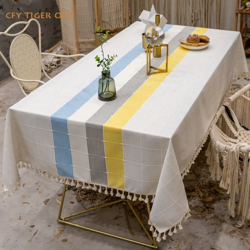 Cotton Linen European Colored Stripes Tablecloth  Antifouling Rectangular Tablecloth Oil Resistant Coffee Table Mat Table Cover